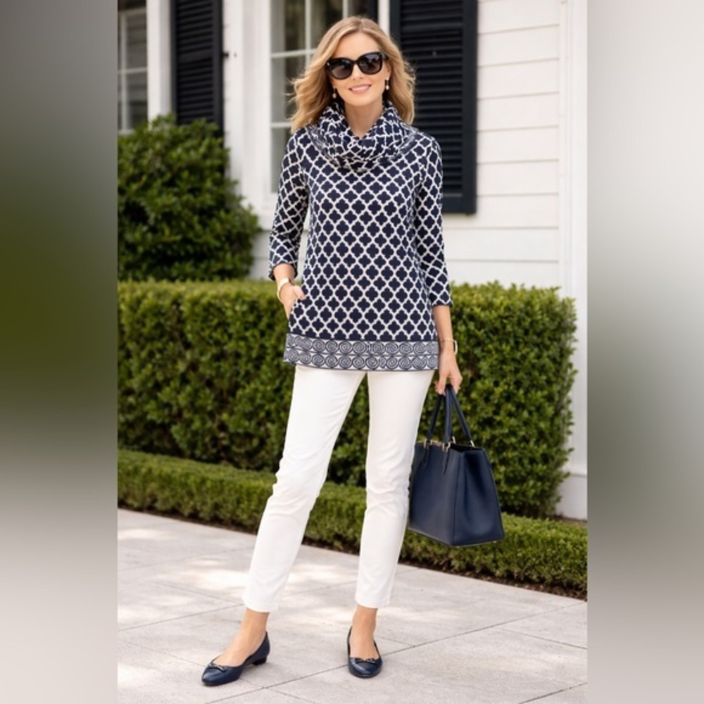 Gretchen Scott Womens Geometric Black White Cotton Light Cowl Neck Top S